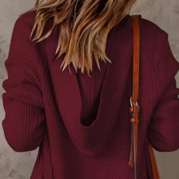Hooded Knit Cardigan Jacket Burgundy - Picture 6 of 6